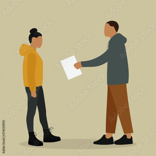 Male character gives a sheet of paper to a female character