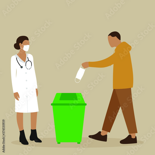 A male character throws a medical mask into an urn, and a female doctor in a medical mask looks at it