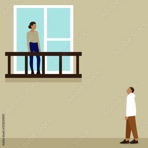 
A male character looks from below at a female character standing on a balcony