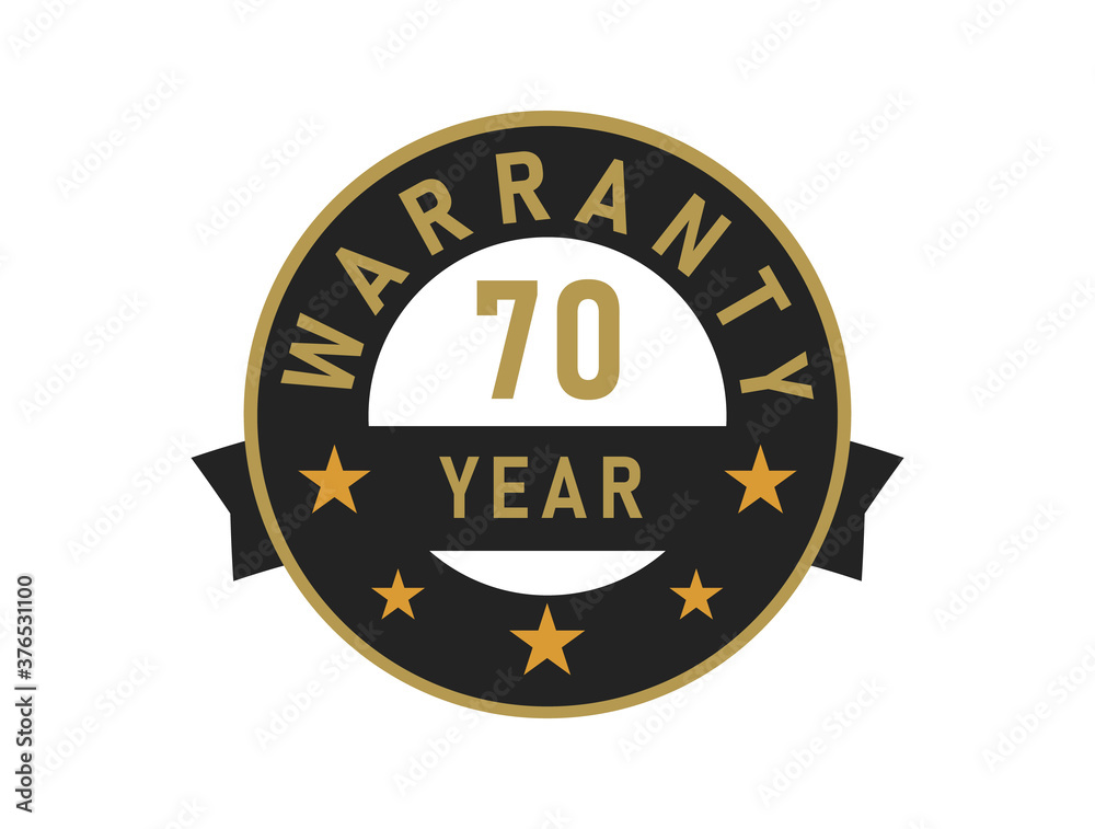 70 year warranty gold text with Black badge vector image