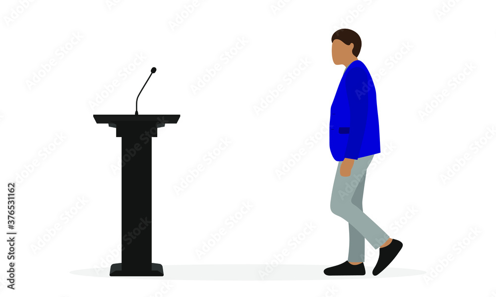 Male character in a jacket goes to the stand with a microphone on a white background