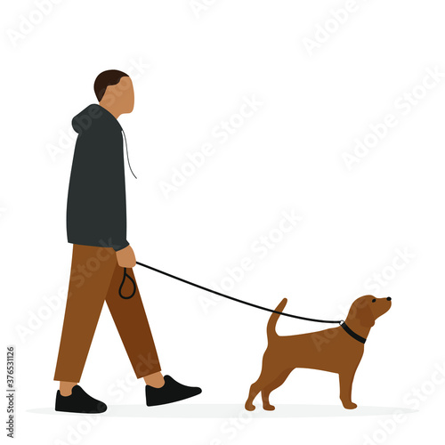 Male character with a dog on a leash on a white background
