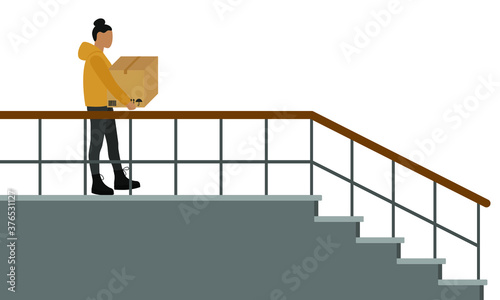 Female character goes the stairs with a box in her hands