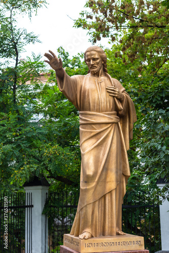 Sculpture of Jesus Christ resurrected near the church of St. Rocha. Minsk. Belarus.