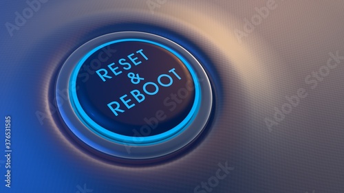 Blue glowing reset and reboot button on metallic background. 3D rendering photo