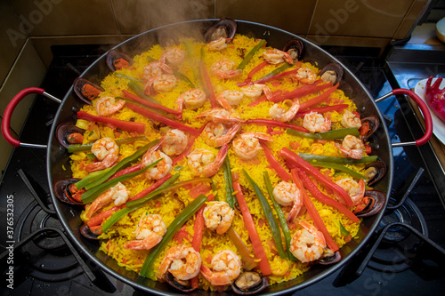 Close up on paella spanish traditional food Valencia