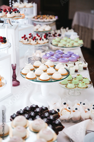 Front view of delicious cupcakes, donuts and mousse desserts on wedding candy buffet. Luxury birthday celebration catering with tasty patisserie, french recipes. Concept of yummy food on sweet bar.