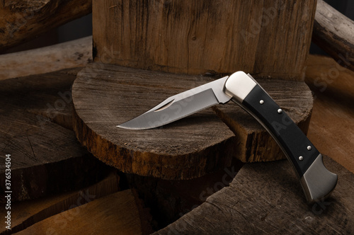 Popular American knife in a bent position on a stump.