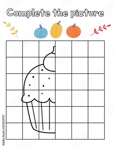 Educational game for children. Complete the picture of a Halloween spooky cupcake with pumpkin. Copy the picture. Coloring book. Printable worksheet.