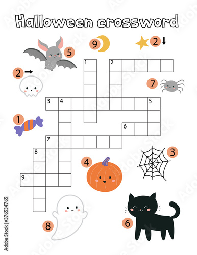 Educational children game. Halloween crossword for children. Learning english language vocabulary. Printable worksheet. Cute cartoon ghost, pumpkin, black cat, bat and spider.