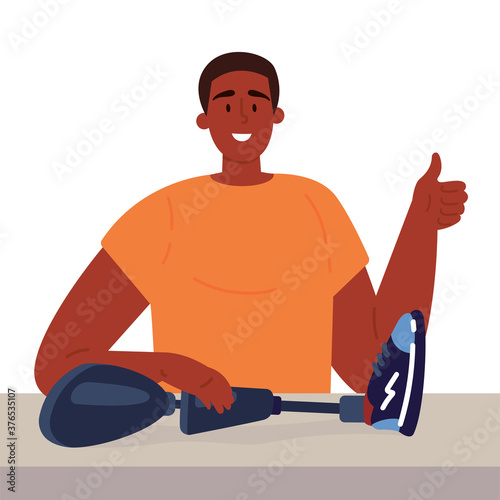Disabled man presents a prosthesis.African American guy with artificial limb isolated cartoon character on white background.Advertising concept.Vector flat style cartoon illustration.