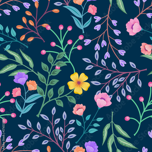 Colorful seamless pattern with botanical floral design.