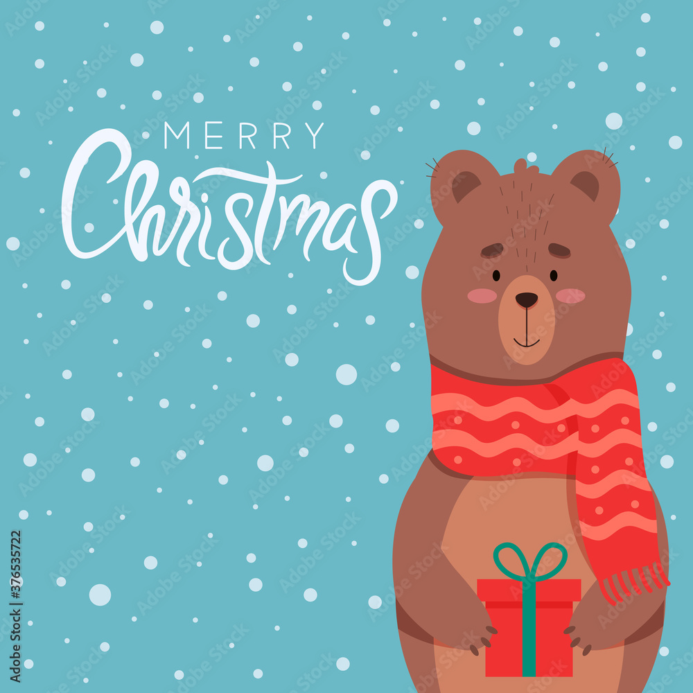 Christmas design. A cute bear in a scarf with a gift stands under the snow. Vector illustration. Lettering with congratulations.