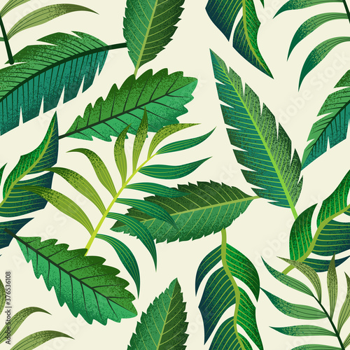 Seamless tropical pattern with beautiful leaves on light background.