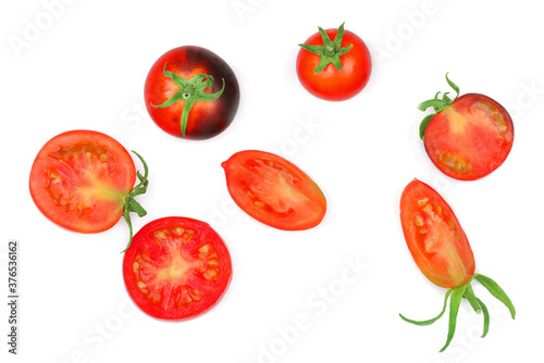 Tomato and slices isolated on white background, top view