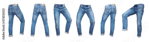 Set of empty denim jeans pants in different pose.