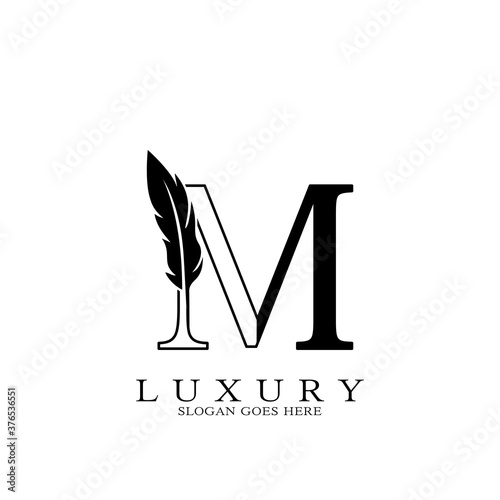 Monogram Luxury feather Initial Letter M Logo icon, vector design concept feather with alphabet letter for business corporate, lawyer, notary, firm