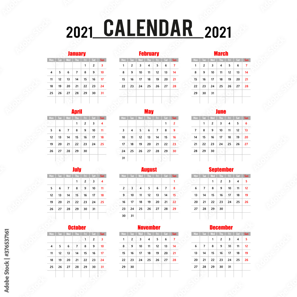 Simple calendar Layout for 2021 years in English.