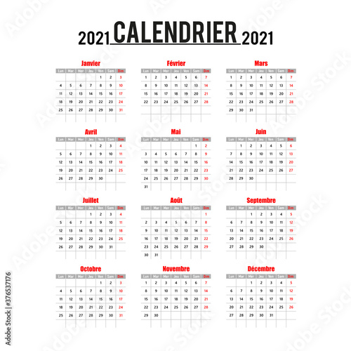 Simple calendar Layout for 2021 years in French.