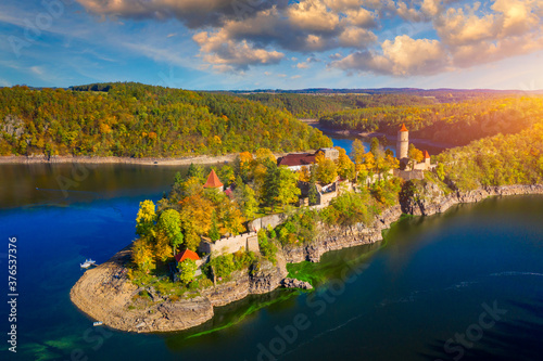 Aerial view of Zvikov castle, Czechia. Zvikov castle at the junction of the Vltava and Otava rivers, South Bohemian Region. Zvikov Castle in south of Bohemia in Czech Republic. photo