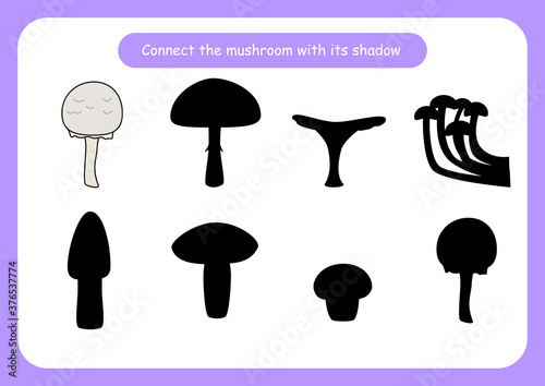 Worksheet connect the mushroom with its shadow. Educational game for children. Trains attention and concentration.