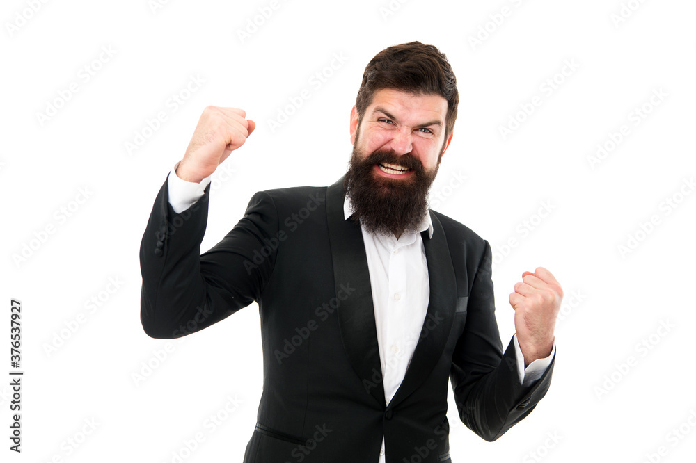 Release your inner winner and win. Happy winner isolated on white. Bearded man shout making winner gesture. Excited winner celebrate victory. Success in business. Successful applicant Release your inner winner and win. Happy winner isolated on white. Bearded man shout making winner gesture. Excited winner celebrate victory. Success in business. Successful applicant