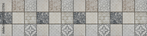  Seamless white beige gray grey vintage retro geometric square mosaic motif cement concrete stone tiles texture wide background banner panorama