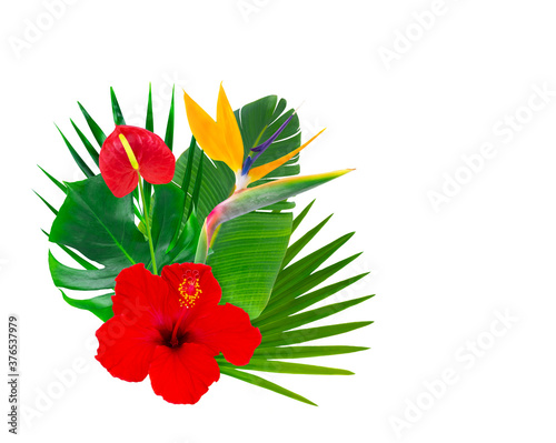Bouquet with colorful tropical leaves and flowers.