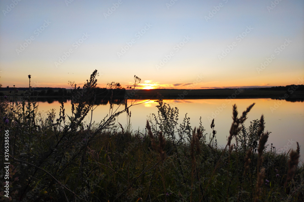 summer sunset over the pond in clear weather