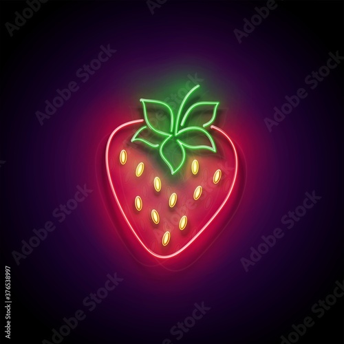 Glow Strawberry, Organic Berry. Fresh Summer Food. Shiny Neon Light Poster, Flyer, Banner. Glossy Background. Vector 3d Illustration