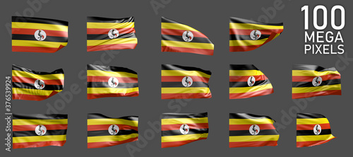 Uganda flag isolated - various realistic renders of the waving flag on grey background - object 3D illustration
