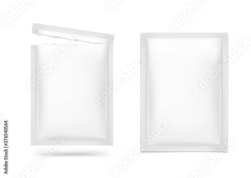 Open and close blank sachet packaging for food, cosmetic and hygiene. Vector illustration on white background. Ready for your design. EPS10.	