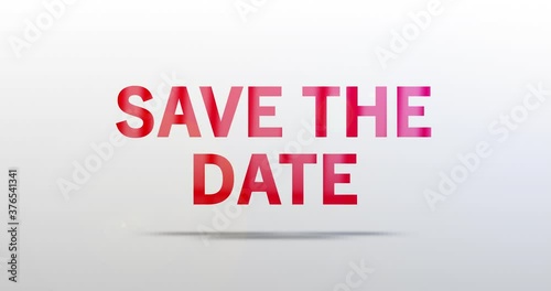 Save the date. Particle Logo. Text Animation. Red word on grey background. High quality 4k intro/opener