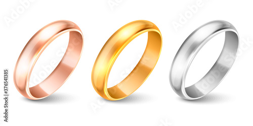 Vector 3d Realistic Gold and Silver Metal Wedding Ring Icon Set Closeup Isolated on White Background. Design Template of Shiny Golden Rings. Clipart, Mockup. Side, Front View