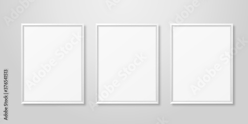 Vector 3d Realistic Three A4 White Wooden Simple Modern Frame on a White Wall Background. It can be used for presentations. Design Template for Mockup, Front View