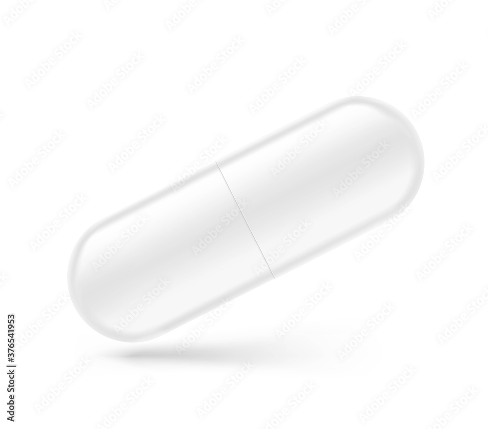 Realistic white capsule with two halves mockup. Vector illustration isolated on white background. Can be used for medical and cosmetic. EPS10.	