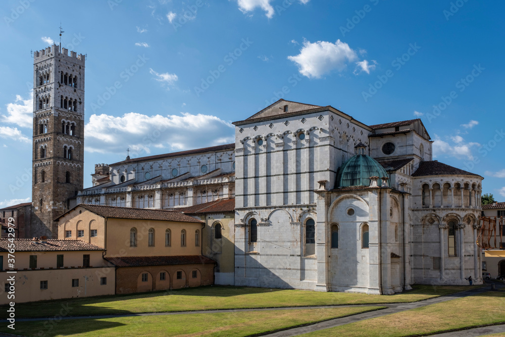 Lucca, Italy, June 8, 2019:Exterior view of the church of San Michele in Foro, a Roman Catholic basilica church in Lucca, Tuscany, central Italy