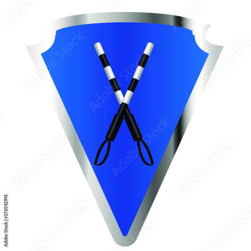 
two police batons with a band for the arm against the background of a blue gradient shield with metal edging