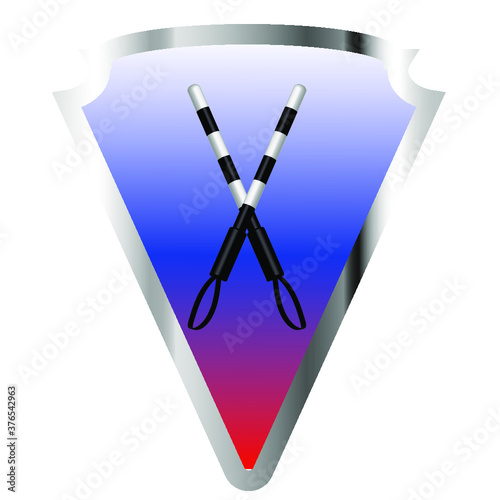 
two police wands in black and white with a band for the arm. against the background of a gradient shield of red-white-blue color with metal edging