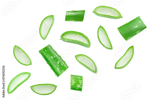 Aloe vera sliced isolated on white background. Top view. Flat lay.
