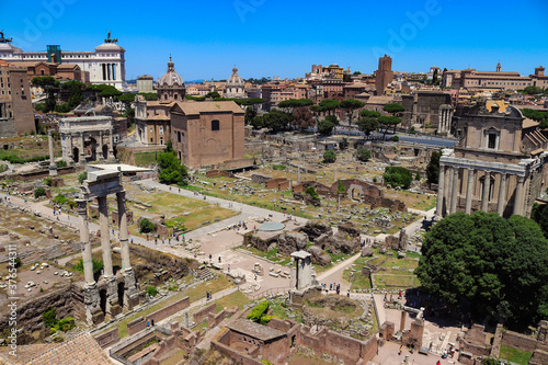 Cityscape view of the Roman Forum at Palatino hill. Historical part of the capital of Italy. Ancient ruins
