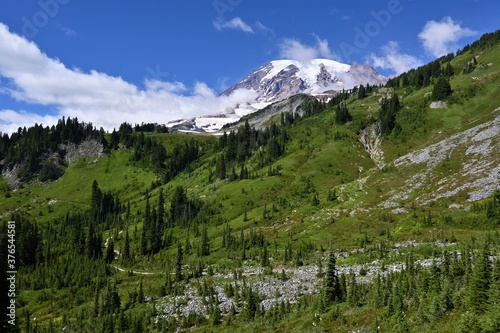 Mountain and scenery at Mt Rainer with blue sky and clouds