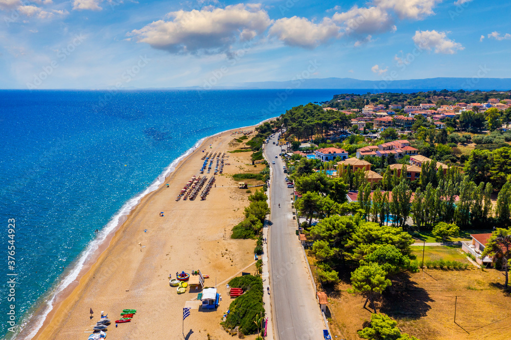 Skala, one of the top beach locations on the Greek island of Kefalonia. Spectacular view over beach of Skala. Skala beach with soft sand and turquoise water in Kefalonia, Greece.