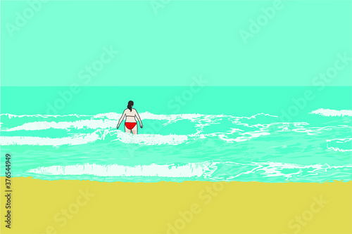Ilustración de una mujer en una playa, con el mar y el horizonte al fondo