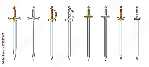 Set of knight swords isolated on white background. Swords in flat style and silhouettes. Vector illustration.