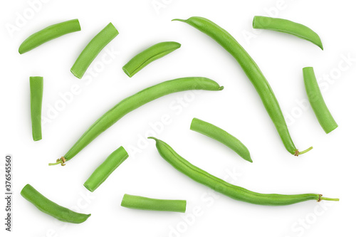 Green beans isolated on a white background with clipping path, Top view. Flat lay