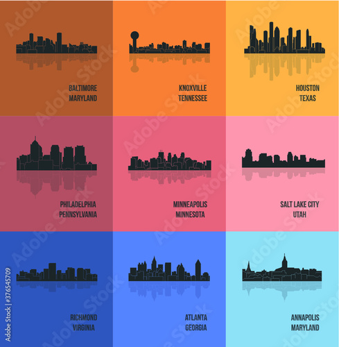 Set of 9 City silhouette (Baltimore, Knoxville, Houston, Philadelphia, Minneapolis, Salt Lake City, Richmond, Atlanta, Annapolis)