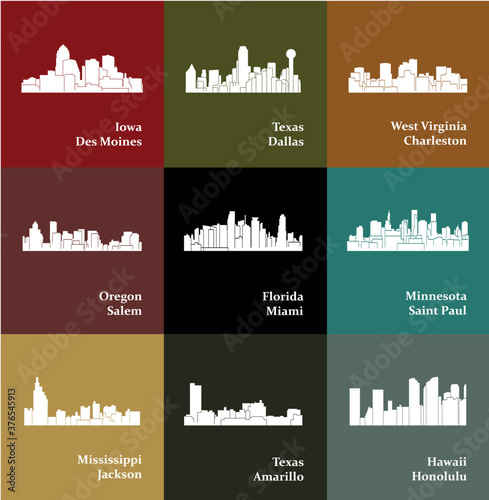 Set of 9 City silhouette (Miami, Honolulu, Saint Paul, Salem, Jackson, Charleston, Dallas, Des Moines, Amarillo)