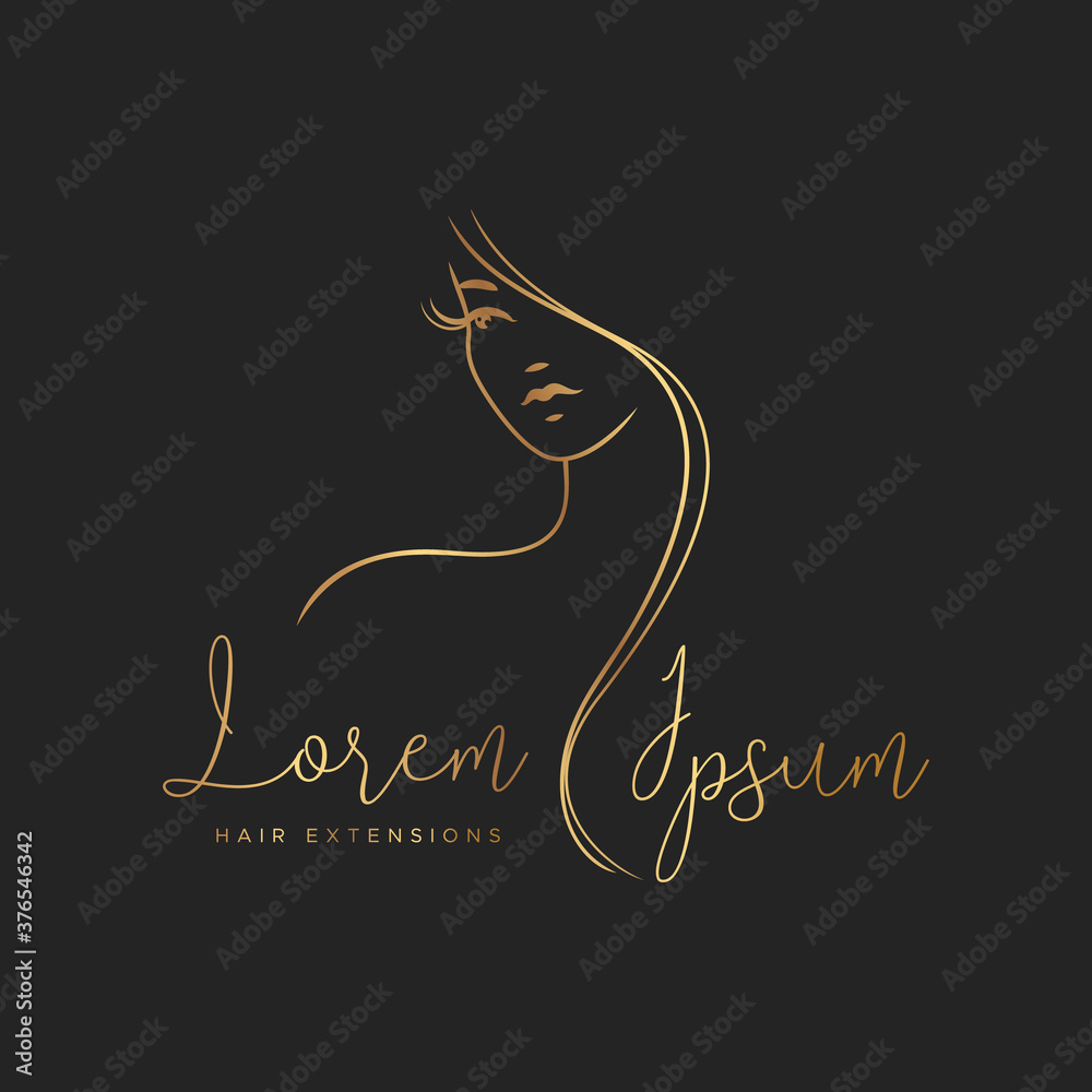 Hair extensions logo with gold color. Elegant silhouette of a girl with long hair on a black background - obrazy, fototapety, plakaty 