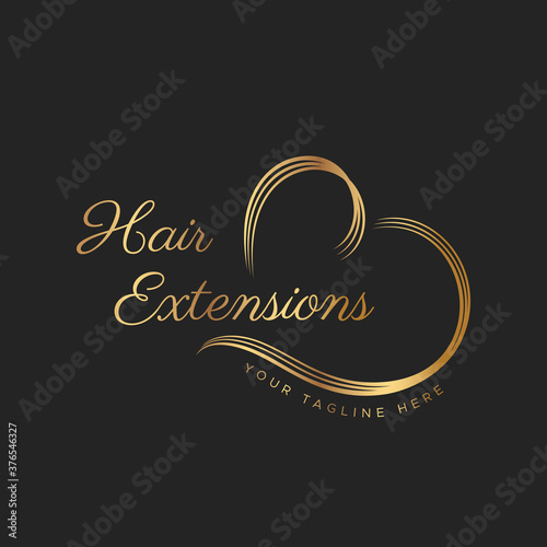 Hair extensions logo with gold color. Heart made of curls of hair